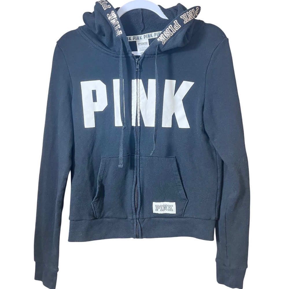 Victoria's Secret Y2K PINK Full Zip Spell-Out Hoodie Black Small Retro Sporty
